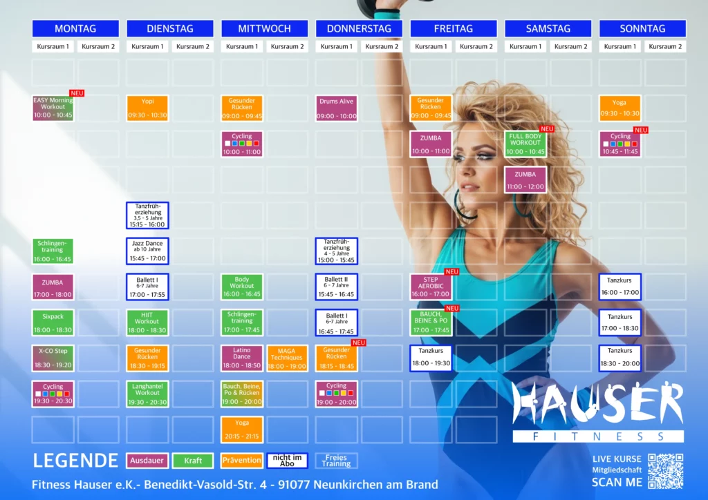 Timetable - Kursplan mit verschiedenen Stunden zu verschiedenen Tageszeiten. Der Stundenplan zeigt außerdem eine Frau die gerade eine Übung macht.
