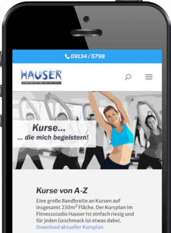 Hier ist ein Smartphone mit einer Information über die Kurse von Fitness Hauser abgebildet